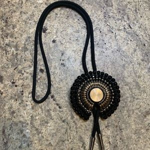 Vintage Black & Silver Beaded Bolo Tie – Safety Pin Detail – Unisex